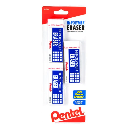 Pentel Hi-Polymer Block Eraser, Large, 3 Pack, White (ZEH10BP3-K6)