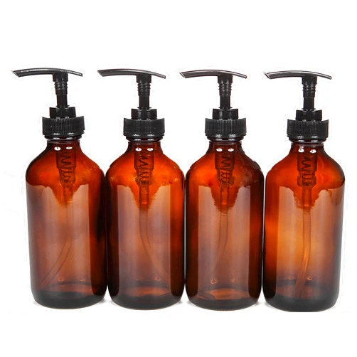 Vivaplex, 4, Large, 8 oz, Empty, Amber Glass Bottles with Black Lotion Pumps