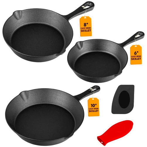 MeJOY Cast Iron Skillets - 3 Pan Cast Iron Set (6