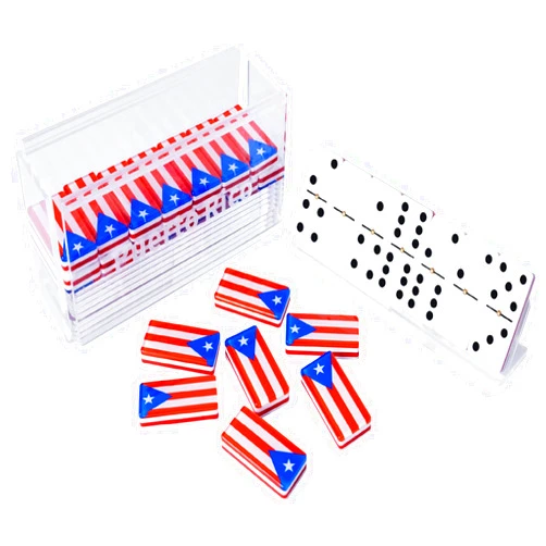 BROS SQUADS Modern Exclusive acrilic Dominos Set Doubles 6 - Dominoes Set for Adults and Kids - Professional Games with Spinners and acrilic Box - Domino with The PUERT RICO Flag