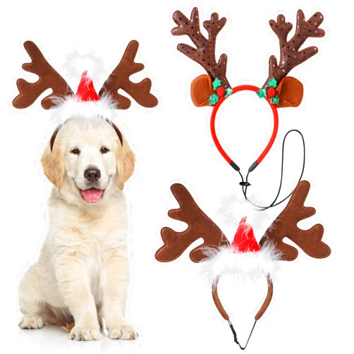 QKURT 2 Pack Dog Christmas Elk Reindeer Antlers Headbands, Xmas Elk Hat Headwear for Dogs, Pet Christmas Headband with Santa Hat, Pet Headwear Accessories for Small and Medium Dogs, Pet Xmas Costume