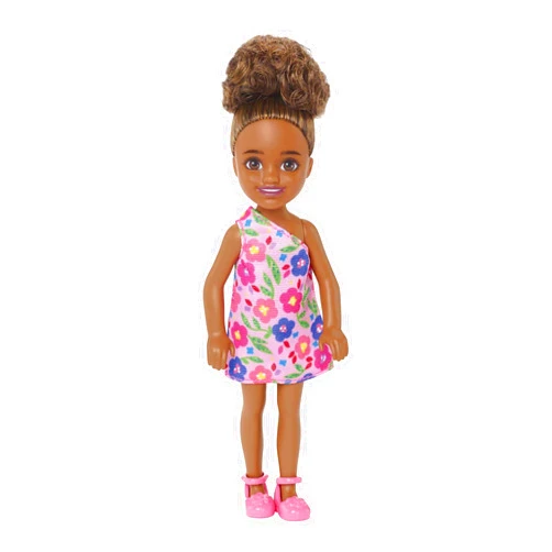 Barbie Chelsea Doll (Brunette Curly Hair) Wearing One-Shoulder Flower-Print Dress and Pink Shoes, Toy for Kids Ages 3 Years Old & Up