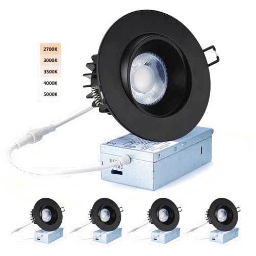 POPANU Canless Recessed Gimbal Downlight - Suitable for 20ft High Ceiling 1200lm 4 Inch 15W LED Rotatable Eyeball Spotlight, 2700|3000|3500|4000|5000K CCT Dimmable Lights with Junction Box, 4 Pack