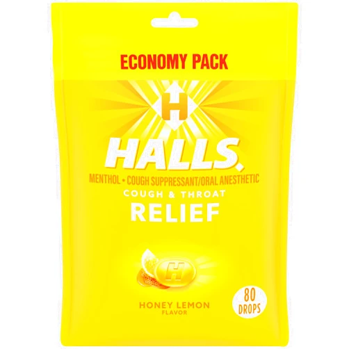 HALLS Relief Honey Lemon Cough Drops, Economy Pack, 80 Drops