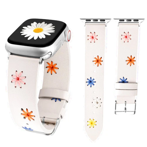 Wearlizer Floral Band Compatible with Apple Watch Band Women 41mm 40mm 38mm 45mm 44mm 42mm 49mm(Ultra) Cute Fancy Handmade Daisy Stitched Leather Designer Strap for iWatch Series 8/SE/7/6/5/4/3/2/1
