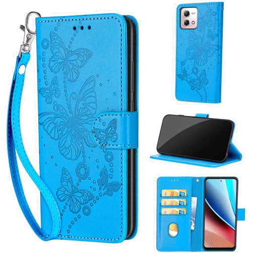 KENHONER Designed for Motorola Moto G Stylus 4G 2023 Case Wallet,Women Flip Folio Cover with Embossed PU Leather Credit Card Holders Slots Wrist Strap Phone Case for Moto G Stylus 4G 2023 (Blue Butterfly)
