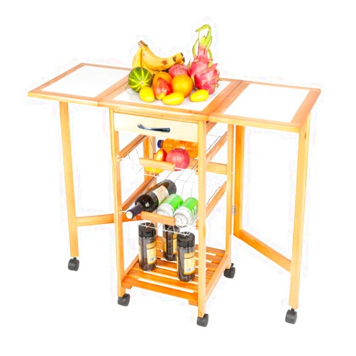 DUNTANG Portable Rolling Kitchen Storage Trolley Cart Island White Tile Top Folding Trolley Table with 1 Wood Drawer & 2 Steel Baskets Sapele Color