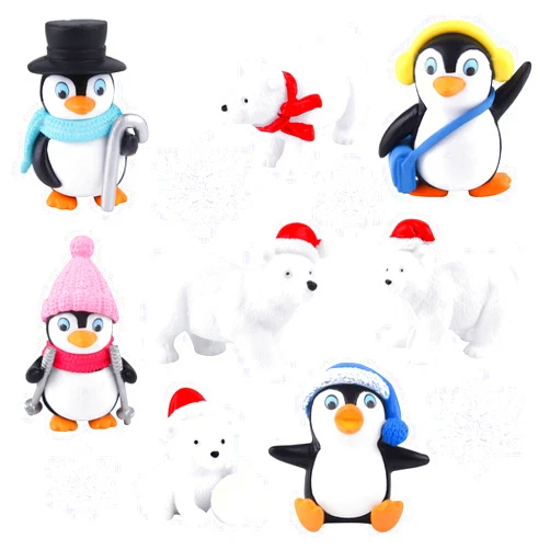 FEPITO 12 Pcs Winter Resin Penguin Polar Bear Snowflakes Miniature Figurine Mini Christmas Figures for DIY Garden Home Decor Christmas Ornaments