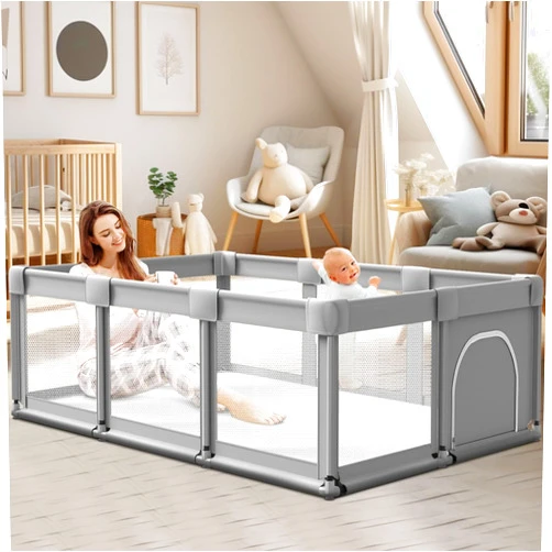 XVISHX Baby Playpen with Gate, 74''x50'' Large Playpen for Babies and Toddlers, Indoor Active Center, Baby Playard Play Pen Fence with Soft Breathable Mesh Grey, 74×50 in