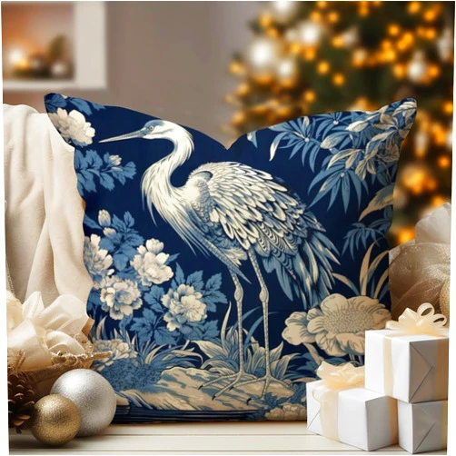 MangGou Chinoiserie Crane Bird Peacock Throw Pillow Cover Blue Flower and Bird Asian Garden Throw Pillow Japanese Asian Style Linen Pillowcases for Sofa Living Room 18x18in