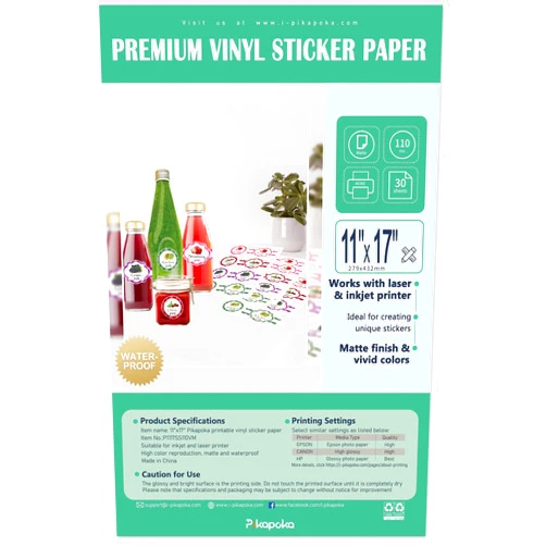 Pikapoka 11x17 Removable Self-adhesive Vinyl Sticker Paper, 30 Pack, Waterproof, Suitable for Laser and Inkjet Printer, Matte (P1117SS110VM)