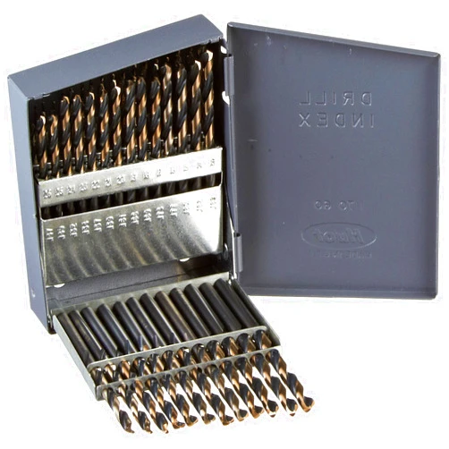 Drillco 400N Series Nitro 60 Piece High-Speed Steel Heavy-Duty Jobber Drill Bit Set, Black and Gold Oxide Finish, Round Shank, Spiral Flute, 135 Degrees Split Point, Size #1 - #60