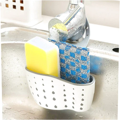 Ahn'Qiraj Kitchen Sink Sponge Holder, Practical Plug Gift Put in Order Drain Holes, Sink Hanging Adjustable Strap Faucet Caddy for Washing Tools Utensils Holder Basket Accessories White
