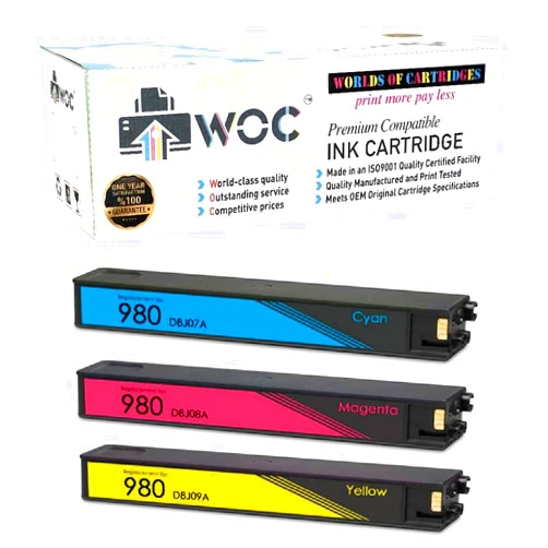 WORLDS OF CARTRIDGES WOC Remanufactured Ink Cartridge Replacement for HP 980 (D8J07A / D8J08A / D8J09A) (3-Pack: Cyan + Magenta + Yellow) for Use in OfficeJet Enterprise Color X555 / X585