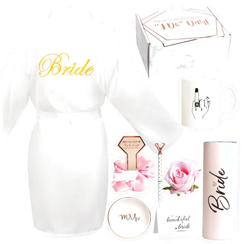 Frerdui 8Pcs Bridal Shower Gift, Bride to Be Gifts, Bridal Shower Gifts for Bride to Be, Bride Gifts Box Sets Bridal Silk Robes Tumbler Cup Mug Jewelry Tray, Wedding Gifts Engagement Gifts for her(M)