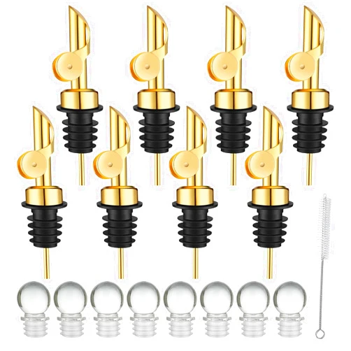 SuproBarware Weighted Stainless Steel Pourers, Auto Flip Olive Oil Dispenser Spout and Wine Bottle Stoppers,Alcohol Pourer Spouts, Liquor Bottle Pourers, Gold, Pack Of 8