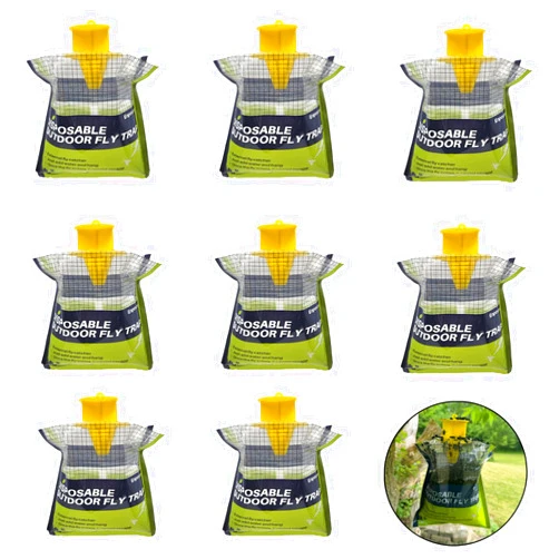 Enposmre 8 Pack Fly Traps Outdoor Hanging Disposable Fly Bags Trap, Effective Fly Catcher with Bait, Fly Killer for Patio, Chicken Coops, Horse Stables, Barns