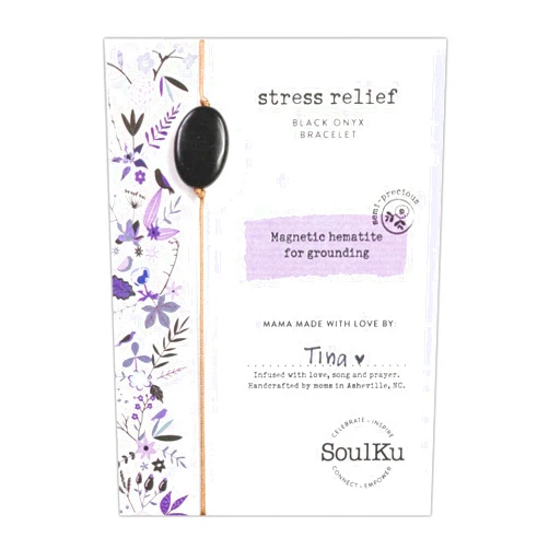 SoulKu Healing Stone Bracelets for Women, Handmade Bracelets with Nylon Cord, Motivational Bracelet with Adjustable Brass Stopper, Inspirational Gifts for Mom & Sister (Black Onyx, Relief)