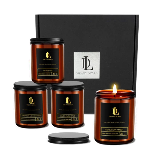 DL DREAMY DEWLA Scented Candles for Home - 4 Pack Candles Gift Set for Women Men, Aromatherapy Candles for Home Scented, Soy Candles (Oak/Magnolia & Sandalwood/Moroccan Amber/Lemon Eucalyptus)