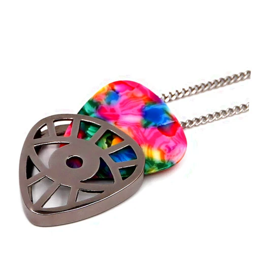 PICKRING Eye Shaped Guitar Pick Holder Necklace for Guitarists/guitar picks keeper storage pendant necklace stainless steel music lovers musicians gifts (Metal Black)