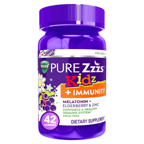 ZzzQuil Pure Zzzs Kidz + Immunity by Vicks, Melatonin Sleep Aid Gummies for Kids and Children, Zinc for Immune Support, Low Dose Melatonin, Berry Flavored, 42 Gummies