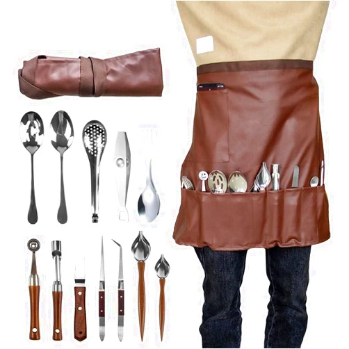 DUEBEL Professional Chef Plating Kit with Apron, 13 Piece Culinary Plating Set, Stainless Steel Plating Tool for Restaurant Plating, Home Cooking and Catering Event(Brown)