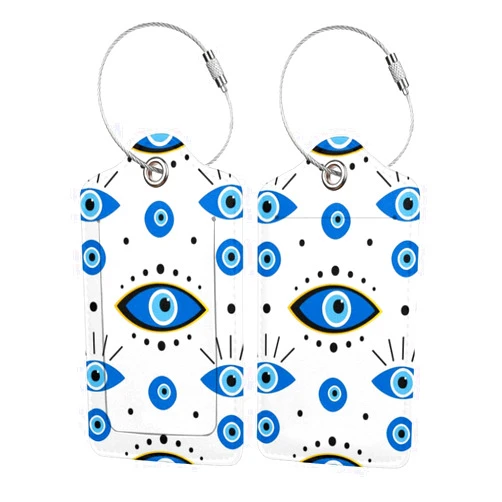 Dorekim Blue Evil Eyes Set of 2 PU Leather Luggage Tag, Travel Suitcase Baggage Bag Tag to Identify Id Labels with Stainless Steel Ring Privacy Cover