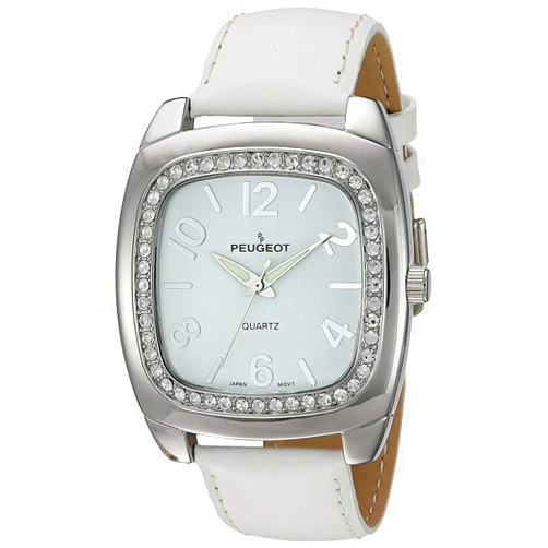 Peugeot Women's 'Swarovski Crystal Bezel' Quartz Metal and Leather Dress Watch, Color:White (Model: 310WT)