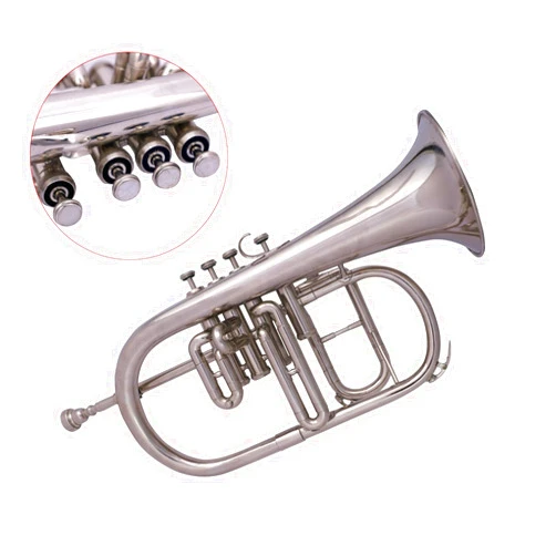 SM'SAI MUSICALS Sai Musical Flugel Horn Nickel Plated Bb Flat 4 Valve With Hard Case Mouthpiece Silver Instrument For Beginner Student Professional