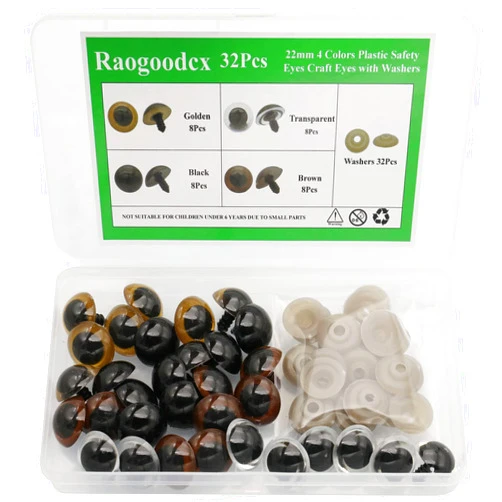 Raogoodcx 32Pcs 22mm Large 4Color(Black,Brown,Golden,Transparent) Plastic Safety Eyes Craft Safety Eyes DIY Eyes with Washers for Plush Animal Teddy Bear Doll Puppet Crafts