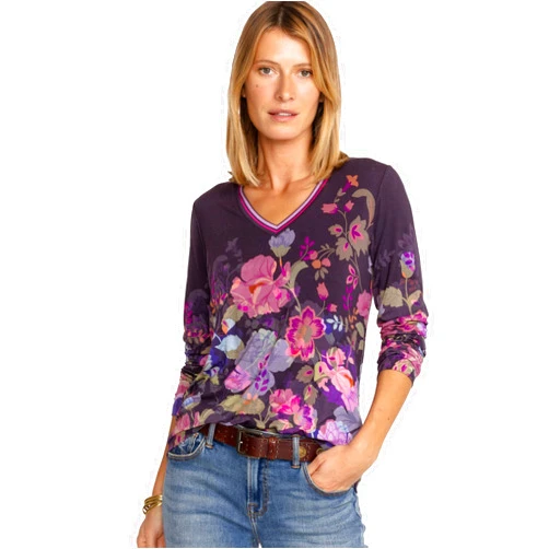 Johnny Was Janie Favorite Long Floral Tee Special Valeria Purple Top Shirt New