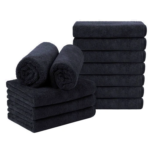 Orighty Black Salon Towel, Pack of 12(Not Bleach Proof, 16 x 27 Inches) Super Soft and Absorbent Microfiber Towels for Salon, Hand, Gym, Bath, Spa and Home Hair Care