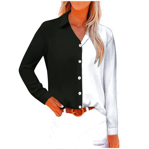 Generic Womens Button Down Shirts Collar Long Sleeve Top Tunics Color Block Casual Tshirts Loose Fit Clothes Fall Fashion