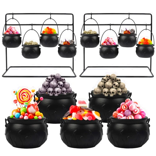 DETENE 12 PCS Halloween Mini Cauldron Plastic Black Cauldron Witch Cauldron with 2 Metal Rack for Halloween Candy Holder Witch Hocus Pocus Party