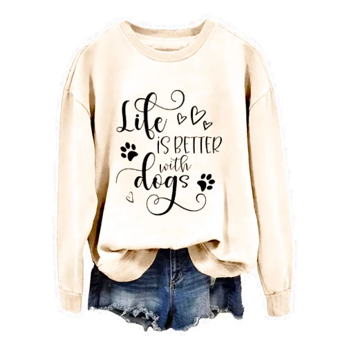 YUEGOSLIFU Dog Mom Sweatshirt Life Is Better with Dogs Funny Pet Dog Mom Gifts Lightweight Pullover Tops for Women