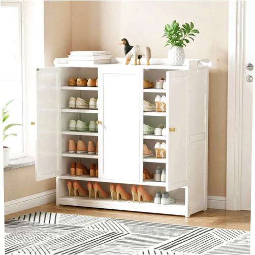 LITFAD Shoe Organizer Bamboo Shoe Cabinet Glam Style Shoe Rack with Doors and Shelves Large Capacity Shoe Storage Cabinet Home Accessory - White 35.4