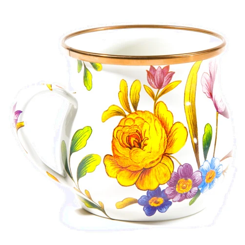 MACKENZIE-CHILDS Enamel Mug, Cute Enamelware Coffee and Tea Mug, Unique Drinkware, 16 Ounces, White Flower Market, Set of 1