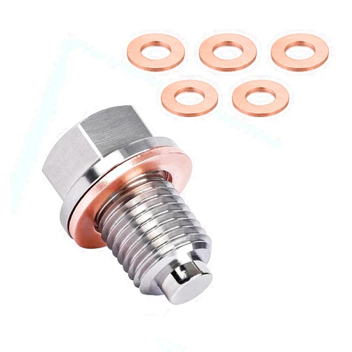 Ziciner M12×1.75 Magnetic Oil Drain Plug, Aluminum Stainless Steel Sump Drain Nut Bolt with 5 Copper Gaskets, Leakproof Replacement Car Accessories Universal for Most Vehicles