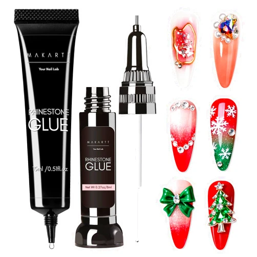 Makartt Nail Rhinestone Glue Set - Gel Nail Glue for Rhinestones, 3D Art Design Super Strong Adhesive for Charm Gems Jewel Crystal Beads Diamonds, 15ml & 8ml, Easy Use, Cured Need