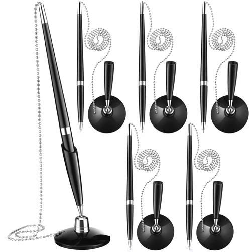 Zonon Secure Pen with Chain and Pen Holder Security Counter Pen with Adhesive Chain and Base Black Ink Reception Pen for Home Office Bank School Work Hotel Lobbies Retail Stores Supplies(6 Pieces)