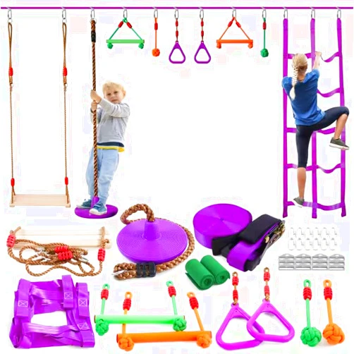 AOBOTE Ninja Warrior Obstacle Course for Kids-Slackline 52ft with 9 Accessries,Awing Seat,Climbing Net,Monkey Bar -Obstacle Course Outdoor-Playset Equipment for Girls & Boys