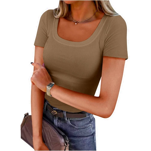 ANRABESS Women Short Sleeve Tops Scoop Neck Ribbed Knit Slim Fitted Basic Tee Shirts 2025 Casual Summer Trendy Clothes