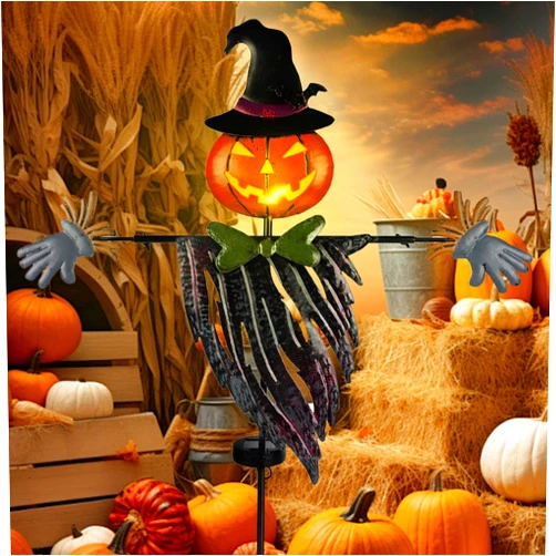 Juegoal 46 Inch Solar Fall Decorations Yard Stake, Solar Powered Outdoor Lighted Metal Pumpkin Thanksgiving Scarecrow Stake, Light Up Pumpkin Yard Sign for Autumn Haunted House Figurine Party Decor