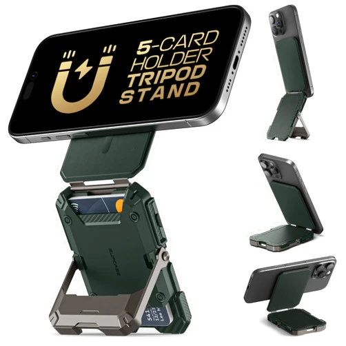 SUPCASE Magnetic Wallet with Stand Compatible with MagSafe, [Hold 5 Cards] [Adjustable Stand] [RFID Blocking] Tripod Phone Stand Magnetic Credit Card Holder for iPhone 16/15/14/13/12 Series, Guldan