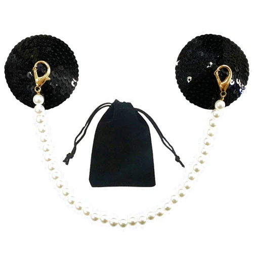 LJJCSFF Sequin Nipple Covers With Chain Sparkle Nipple Pasties Reusable Adhesive Breast Covers Sticky Chest Stickers For Women Black