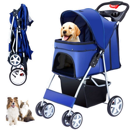 Unisakey 4 Wheels Pet Stroller for Small Medium Dogs Cats 33 lbs, Breathable Foldable Jogger Stroller with Storage Basket, Travel Puppy Stroller for All-Season, Move Pad & Protective Lock, Navy Blue