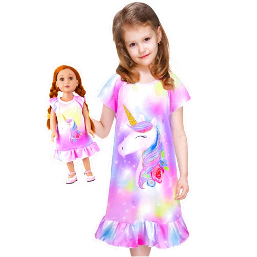 ICOSY Matching Girls & Doll Nightgowns Clothes Unicorn Pajamas Sleepwear Outfit for Girls and American 18