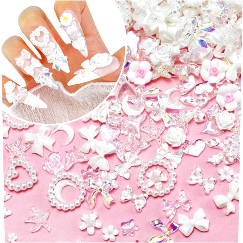 Briskbloom 320PCS White Assorted Mix 3D Nail Charms, Cute Resin Charms for Acrylic Nail Decoration DIY Crafts, Flatback Kawaii Y2K Charms for Manicure, Jewelry Making Supplies