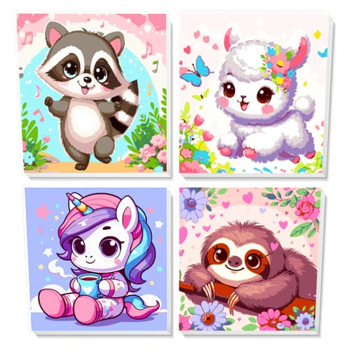 CraftyTime 4 Pack Framed Paint by Number for Kids Age 8-12 Kids, Cute Animals Paint by Numbers Kit for Beginners,Easy Acrylic Paint by Numbers Canvas Arts and Crafts for Wall Decor Gift 8x8in
