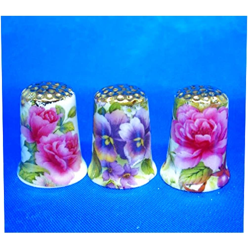 Birchcroft Porcelain China Collectable Thimbles - Set of Three Gold Summer Flowers